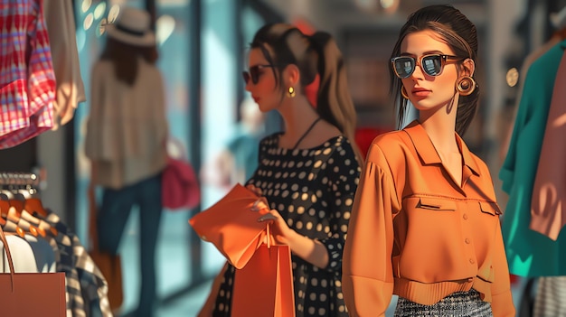 Due giovani donne sono in un centro commerciale stanno guardando i vestiti in una vetrina