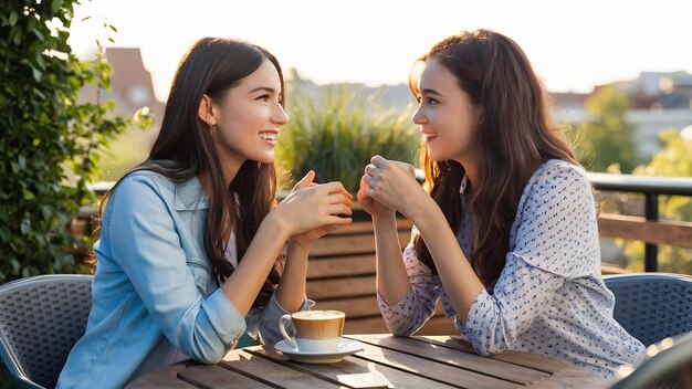 Due giovani e belle ragazze che chiacchierano sulla terrazza con una tazza di caffè