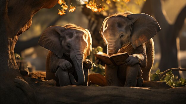 due giovani elefanti che leggono un libro sotto l'albero nel concetto di apprendimento e conoscenza del parco