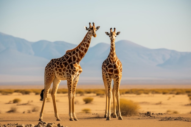 Due giovani giraffe in piedi nella savana Una coppia di erbivori sul prato Mammiferi a lunghe macchie che si godono il momento in una giornata di sole insieme AI generativa