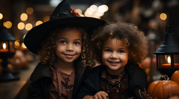 due giovani in costumi di halloween in cappelli da strega in posa per la macchina fotografica