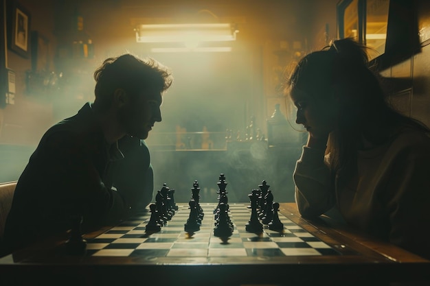 Due giovani individui profondamente coinvolti in una partita strategica di scacchi sotto una luce morbida