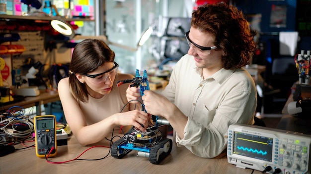 Due giovani ingegneri felici che riparano un'auto robotica meccanica in officina utilizzando la realtà virtuale VR