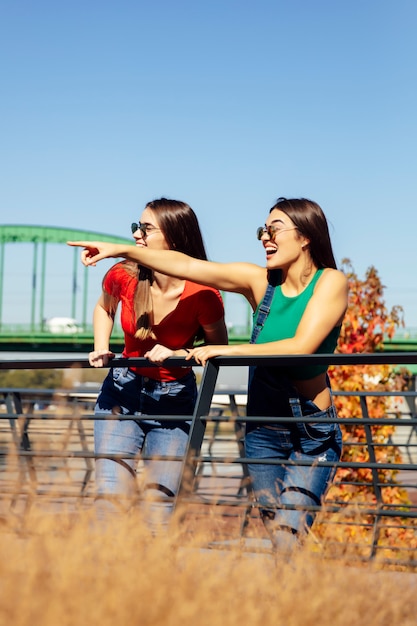 Due giovani migliori amiche che fanno una pausa il vecchio ponte