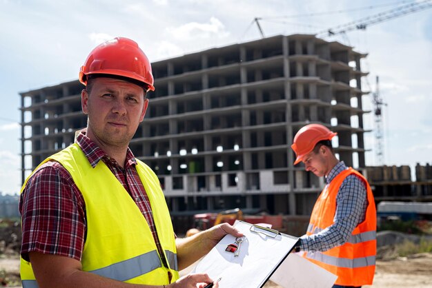 Due giovani operai in divisa stanno valutando un progetto per costruire una nuova casa