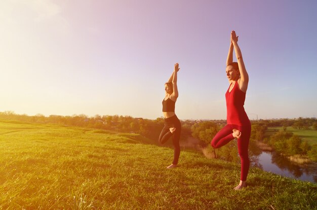 Due giovani ragazze bionde in abiti sportivi praticano yoga