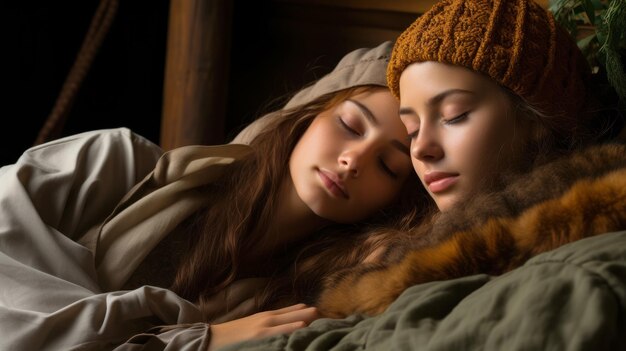 Due giovani ragazze che dormono amici che dormono concetto di bandiera del giorno mondiale del sonno soluzione all'insonnia