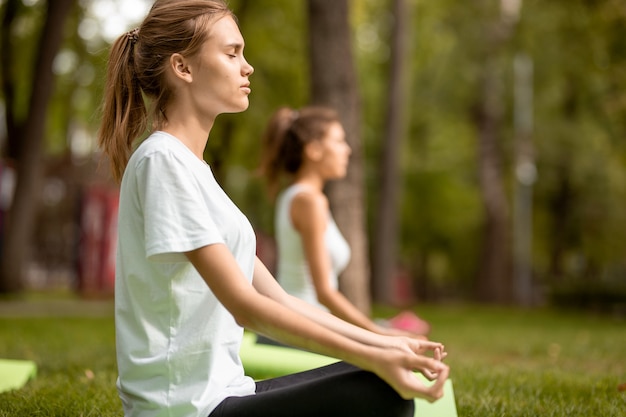 Due giovani ragazze magre si siedono nelle posizioni del loto con gli occhi chiusi facendo yoga su stuoie di yoga sull'erba verde nel parco in una giornata calda.