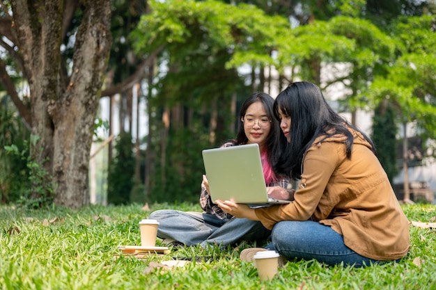 Due giovani studentesse asiatiche sono sedute sull'erba in un parco a studiare insieme con un portatile