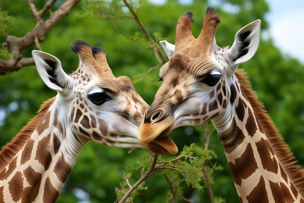 due giraffe che si nutrono su un albero nella riserva di caccia di Masai Marai in Kenya