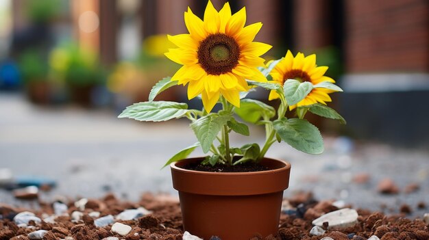 due girasoli che crescono in un vaso a terra