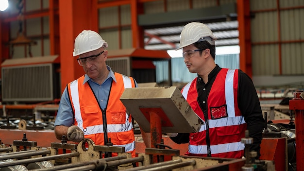 Due giubbotti di sicurezza per ingegneri caposquadra dell'industria pesante Macchina per il controllo giornaliero della manutenzione preventiva nella produzione Uso in fabbrica Labtop Discussione Formazione sulle competenze Qualità della manutenzione