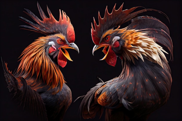 Due grandi e bellissimi galli da combattimento con becchi affilati per combattimenti di galli