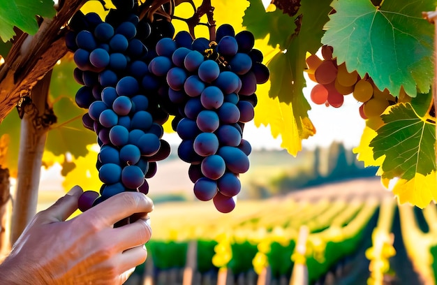 due grandi grappoli di uva nera in una fattoria d'uva