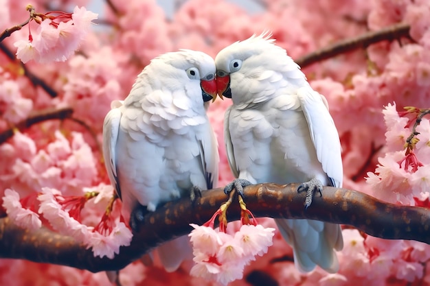 Due grandi pappagalli macao bianchi seduti su un ramo di fiori di sakura