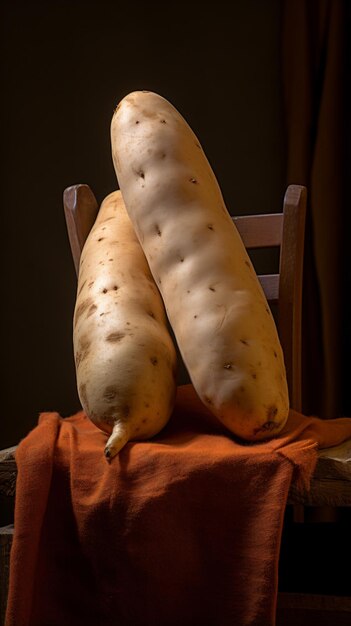 due grandi patate sedute sopra una sedia di legno