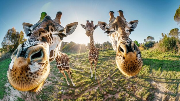 Due graziose giraffe si innalzano sopra il campo i loro lunghi collo e i loro cappotti macchiati colpiscono il paesaggio verde