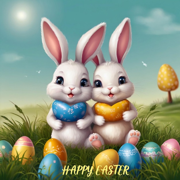 Due graziosi coniglietti con l'uovo di Pasqua nell'erba