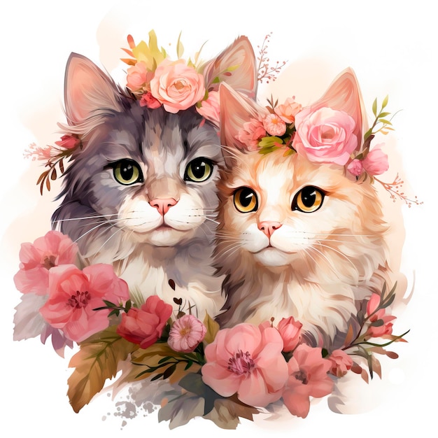 Due graziosi gattini di cartoni animati, un ragazzo e una ragazza con dei fiori.