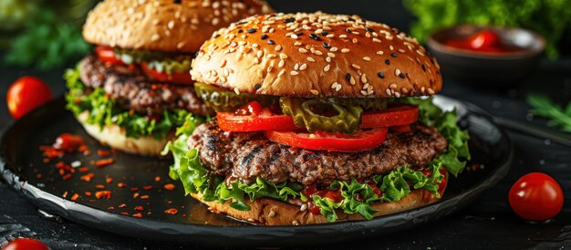 Due hamburger con pomodori e lattuga sul piatto