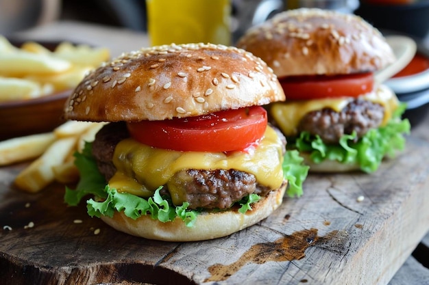 due hamburger con pomodoro formaggio e lattuga su un tagliere di legno