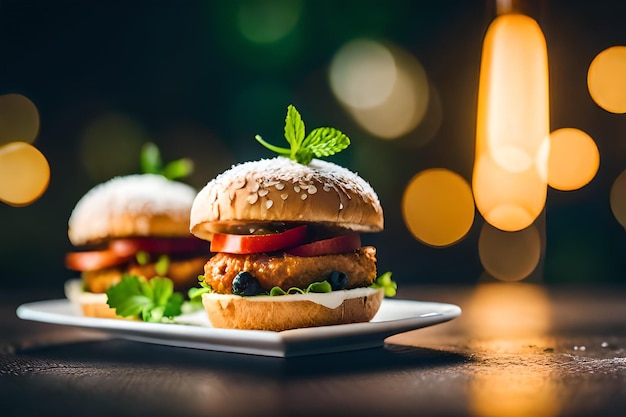 due hamburger con una foglia verde sopra di loro sono su un piatto con una candela sullo sfondo