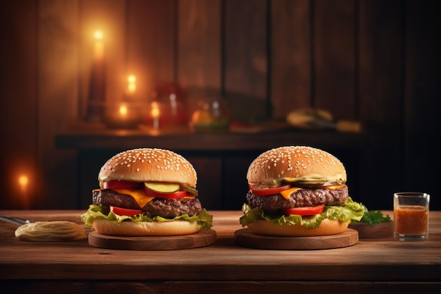 Due hamburger su un tavolo con una candela dietro di loro.