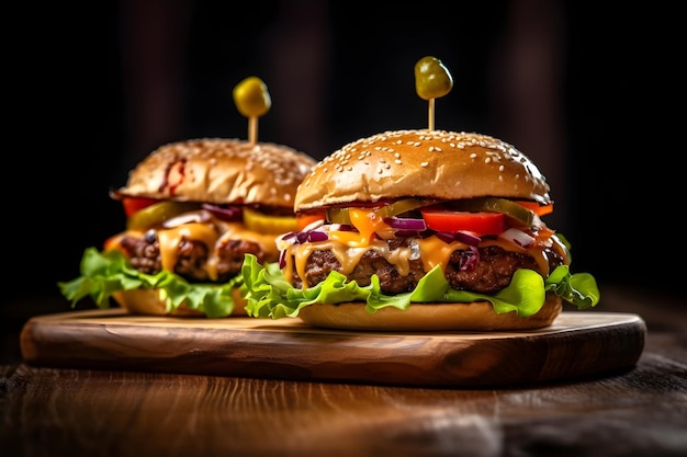 Due hamburger su una tavola di legno con sopra un'oliva verde