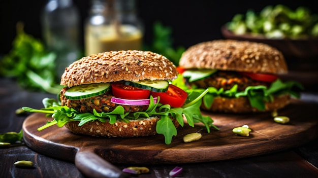 Due hamburger vegani di lenticchie con salsa di senape all'insalata