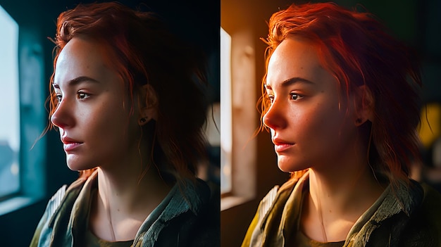 Due immagini di una donna con i capelli rossi e la camicia verde, una delle quali guarda di lato IA generativa