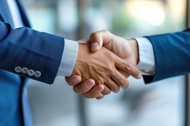 Due individui che si stringono la mano durante una riunione professionale Closeup di mani che si stringono per un accordo commerciale compiuto AI Generato