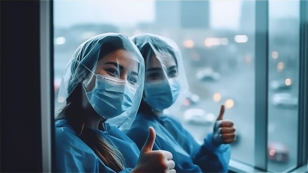 Due infermiere che indossano maschere per il viso e danno il segno del pollice in su