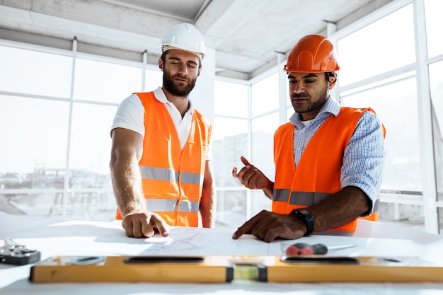 Due ingegneri che guardano il piano di progetto sul tavolo in cantiere