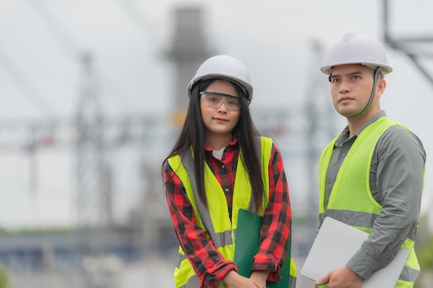 Due ingegneri che lavorano alla centrale elettricaLavora insieme felicementeAiutatevi a vicenda ad analizzare il problemaConsultare sulle linee guida di sviluppo