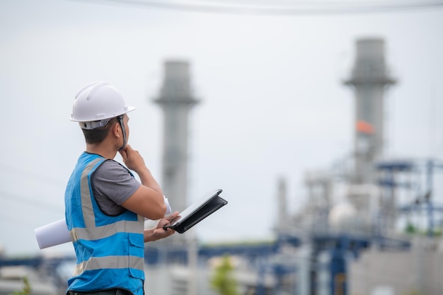 Due ingegneri che lavorano alla centrale elettricaLavora insieme felicementeAiutatevi a vicenda ad analizzare il problemaConsultare sulle linee guida di sviluppo