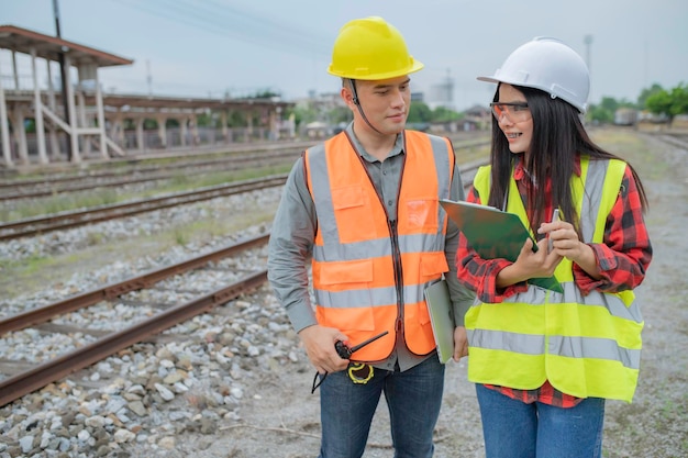 Due ingegneri che lavorano alla stazione ferroviariaLavora insieme felicementeAiutatevi a vicenda ad analizzare il problemaConsultare sulle linee guida di sviluppo