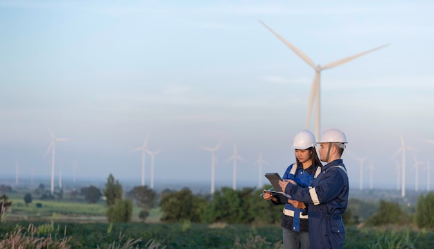 Due ingegneri che lavorano e tengono il rapporto alla stazione di generazione di energia della fattoria di turbine eoliche sulla montagna della Thailandia uomo e donna tecnici discutono del lavoro