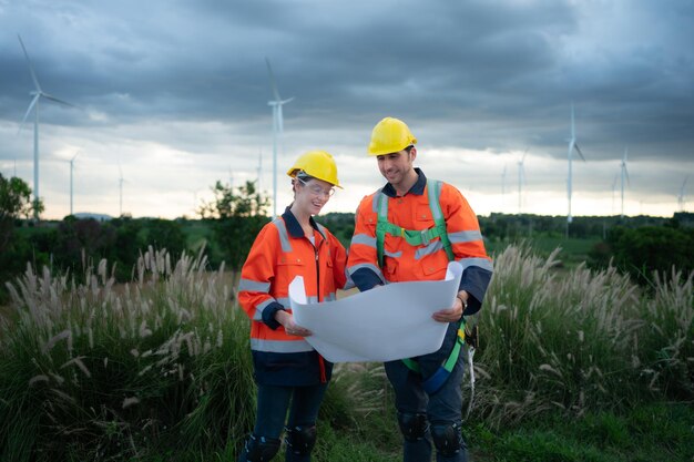 Due ingegneri che lavorano in un cantiere con turbine eoliche sullo sfondo