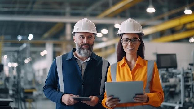Due ingegneri manager leader e donna assistente che tengono il portatile indossando il casco