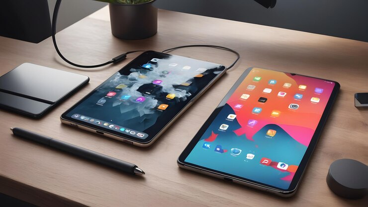 Due iPad sono seduti su un tavolo uno è un cellulare e l'altro è una penna