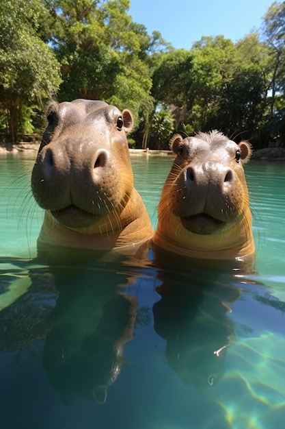 due ippopotami nuotano in una piscina