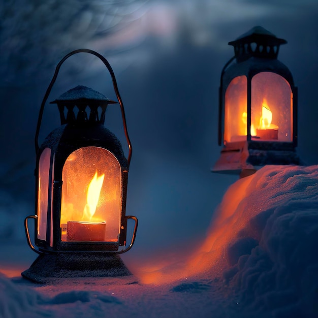 Due lanterne accese nella neve al crepuscolo