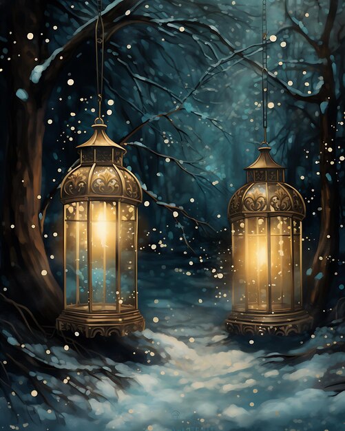 Due lanterne accese nella neve vicino all'albero di Natale