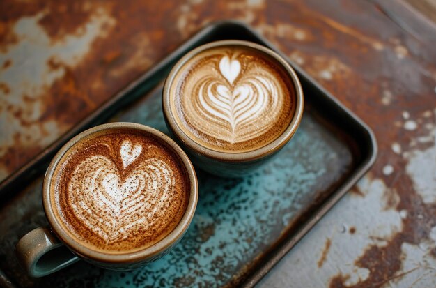 due latte con cuore latte art su un vassoio