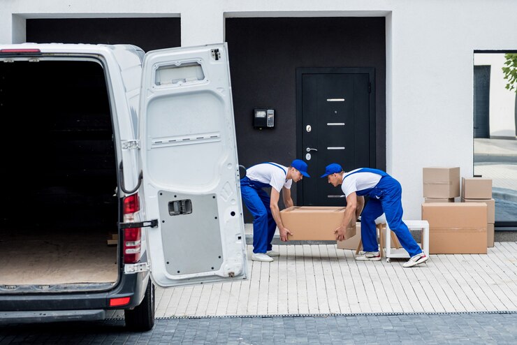 Due lavoratori di una società di traslochi scaricano scatole dal minibus nella nuova casa