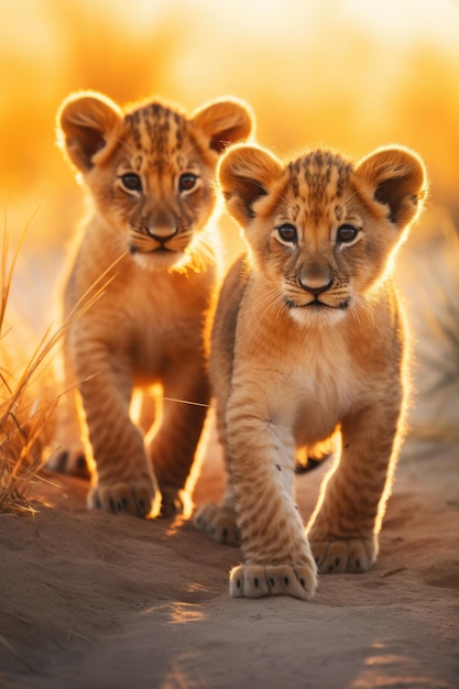 Due leoni baby in campo
