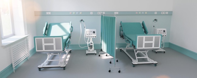Due letti di terapia intensiva in un reparto di terapia intensiva con ventilatori per pazienti Covid19 in caso di epidemia di coronavirus