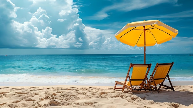 Due lettini sotto l'ombrellone giallo sulla spiaggia Foto di vacanza soleggiata con nuvole nel cielo