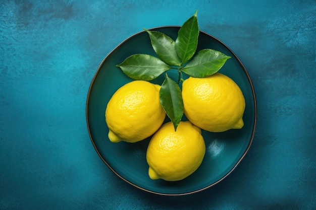 Due limoni freschi in piatto blu scuro su sfondo turchese di cemento Sfondo alimentare Vista dall'alto