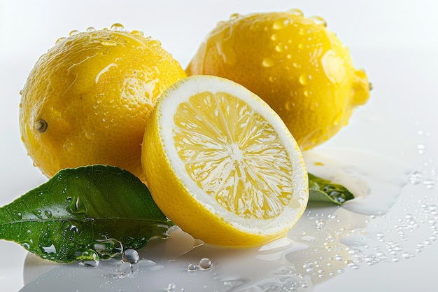 Due limoni gialli vivaci sono posizionati sopra una foglia verde fresca I limoni contrastano splendidamente contro la foglia su uno sfondo trasparente PNG